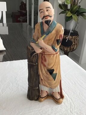 Vintage Hand-Painted Ceramic Figurine in Tan and Blue - Decorative Home Art. ##4
